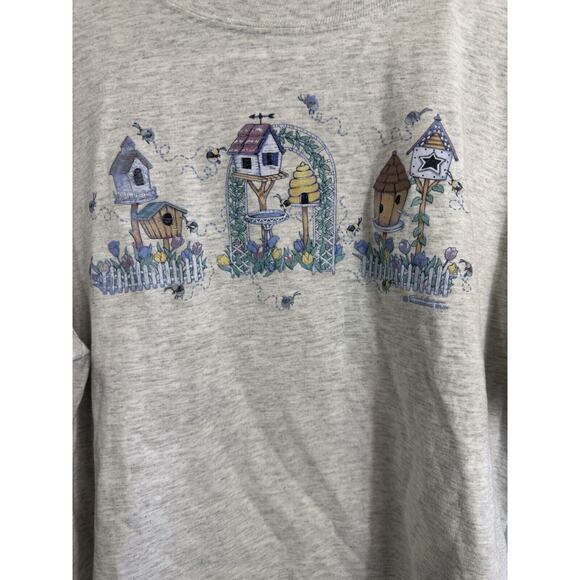 Vintage Morning Sun Grandma Cottage Bee Birdhouses Floral T Shirt Large Gray‎ - Picture 3 of 5